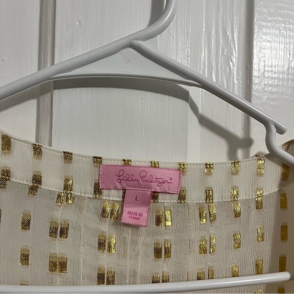 Lilly Pulitzer Cream Gold Colby Silk Metallic Dot Sheer Blouse Large B - Picture 6 of 8